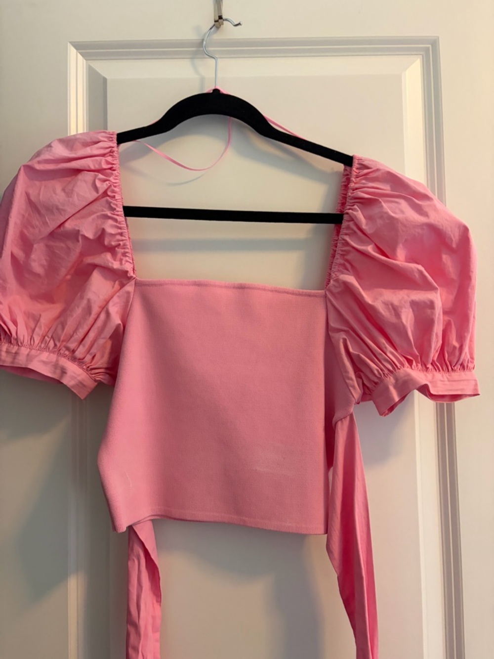 Zara Pink Puff-Sleeve Square-Neck Crop Top